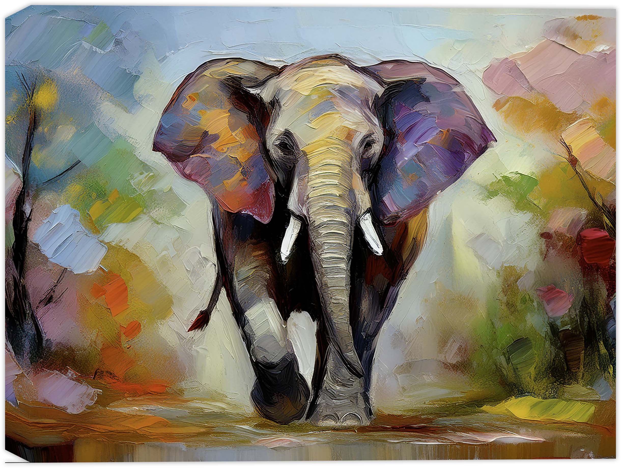 Multi color painting of a a single elephant walking toward the water.