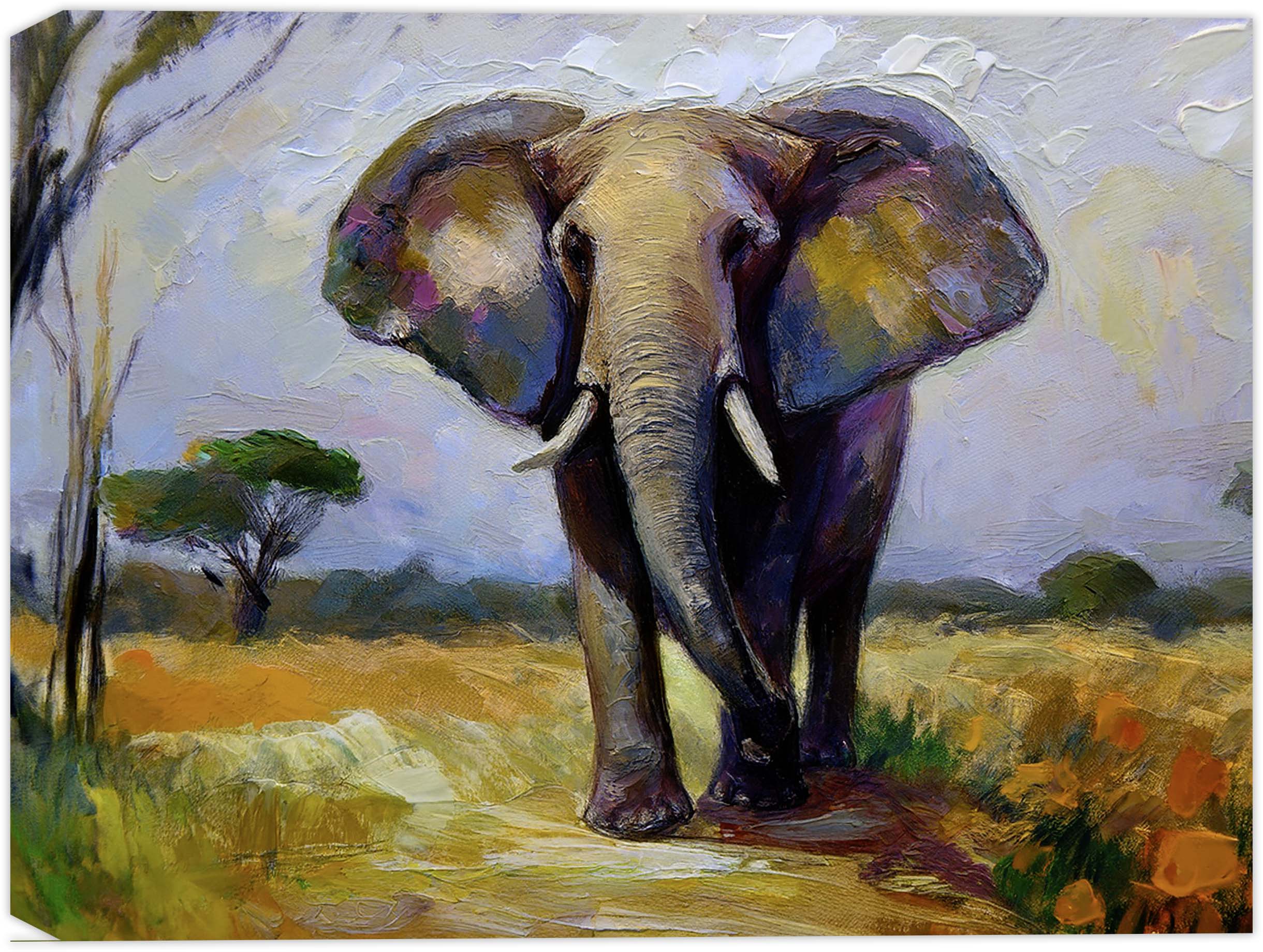 Colorful painting of an Elephant with Trees and Flowers printed on a canvas wrap.