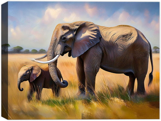 Oil Painting of Mother and Calf walking through a field of grass.