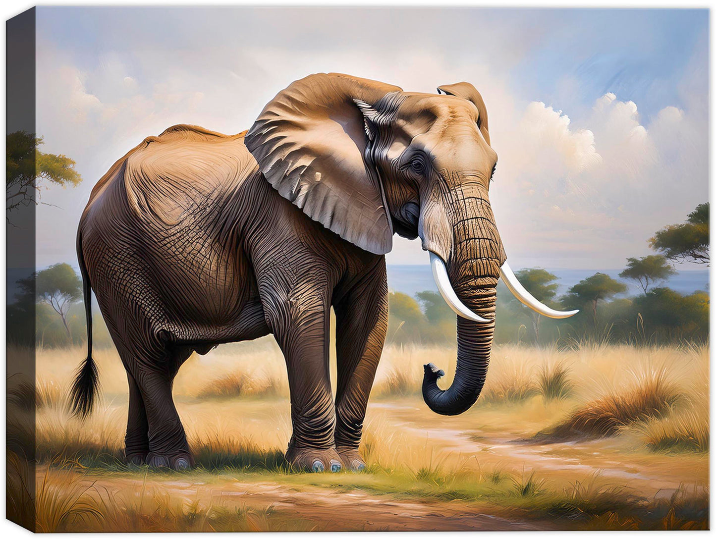 Bull Elephant painted on Canvas with puffy clouds and blue sky