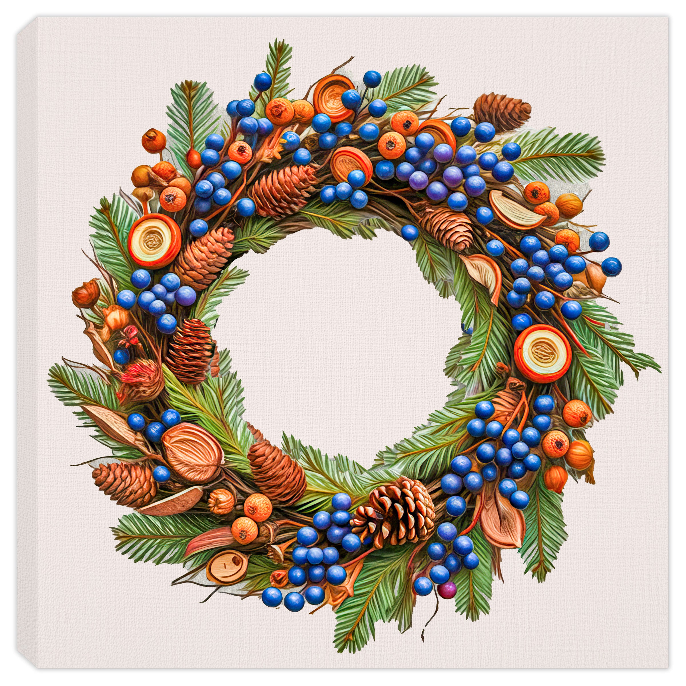 Painting of a fall wreath with blueberries and cones.  Printed on a Canvas Wrap