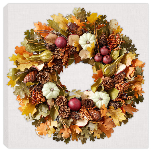 Fall Wreath - Painting of a fall wreath with fall leaves, gourds, berries and pine cones.  Waterproo.