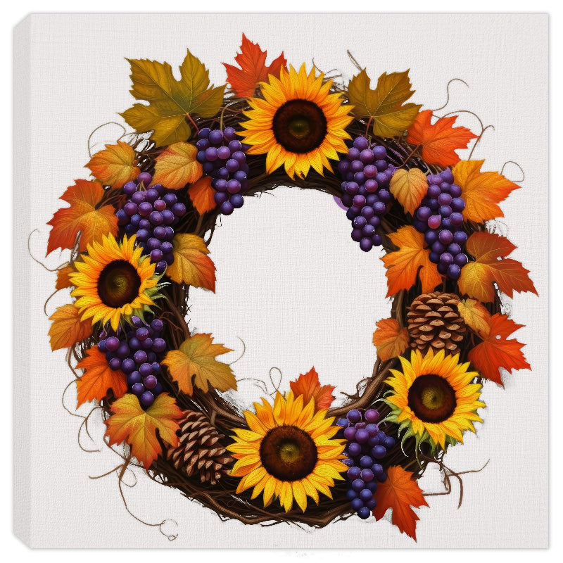 Sunflowers & Maple Leaves Fall Wreath for the Autumn Season.  Painting on Canvas