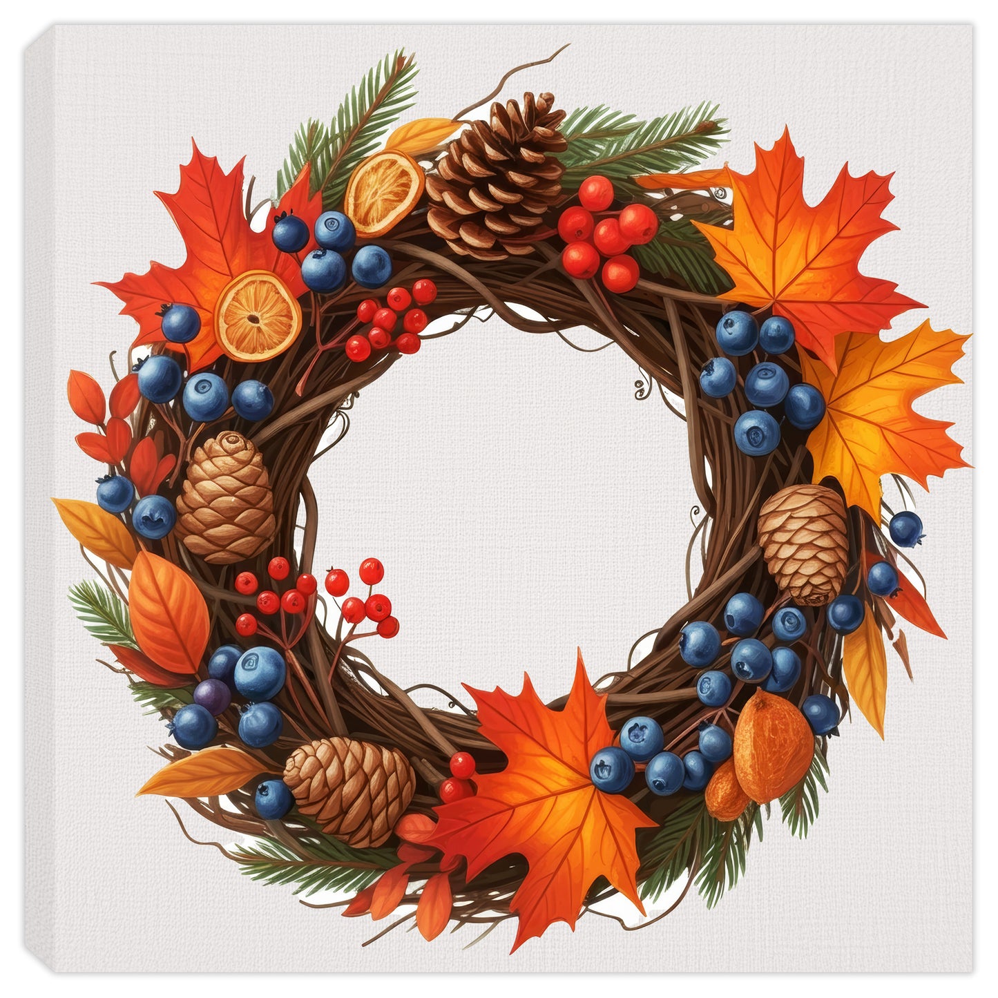 Painting of a fall wreath with a grapevine base, berries, oranges and pine cones.