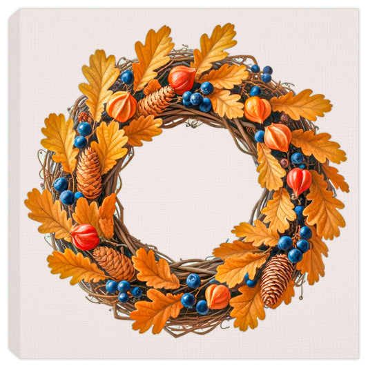 Fall Wreath Painting with Oak Leaves, Berries, Pines Cones on a Grapevine Wreath base.