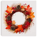 Painting of a fall wreath with Maple leaves, pine cones, and red berries on a grapevine base.