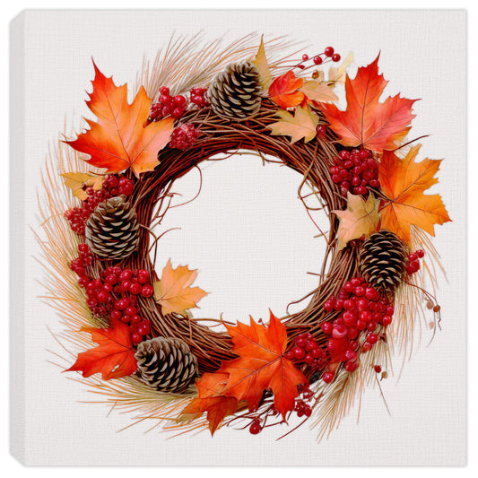 Painting of a fall wreath with Maple leaves, pine cones, and red berries on a grapevine base.