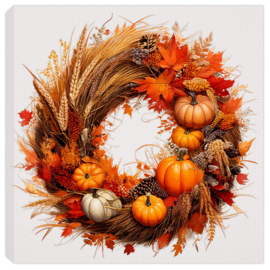 Painting of a fall wreath - grapevine wreath, maple leaves, grasses and pine cones.