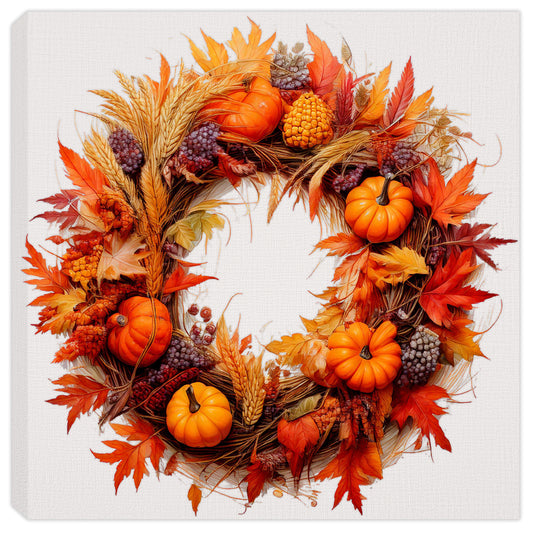 Painting of a fall wreath on a grapevine base with pumpkins and fall leaves