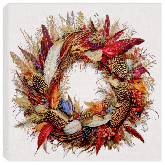 Painting of a feather wreath on a grapevine base.