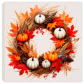 Painting of a fall wreath with white gourds, maple leaves, and grasses