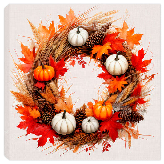 Painting of a fall wreath with white gourds, maple leaves, and grasses