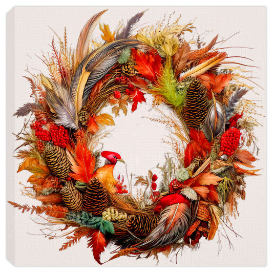 Painting on Canvas of a Feather Wreath for Thanksgiving