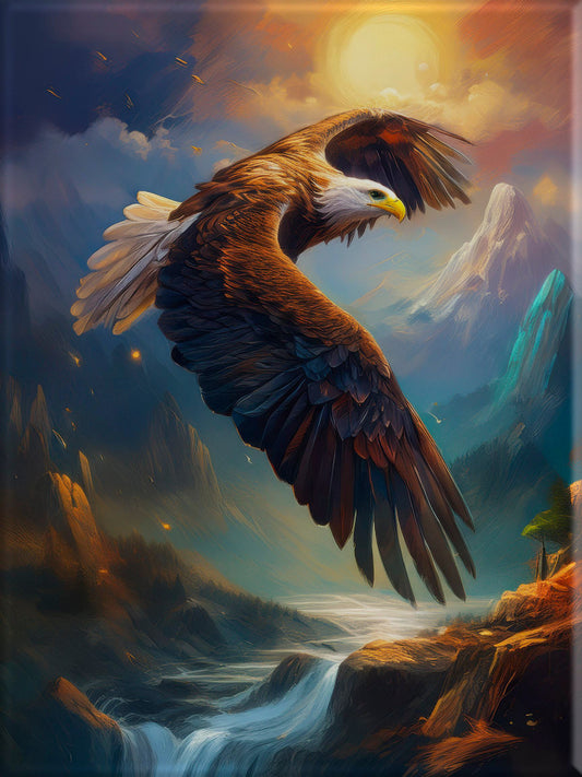 Eagle Painting in Flight over a river and mountian range