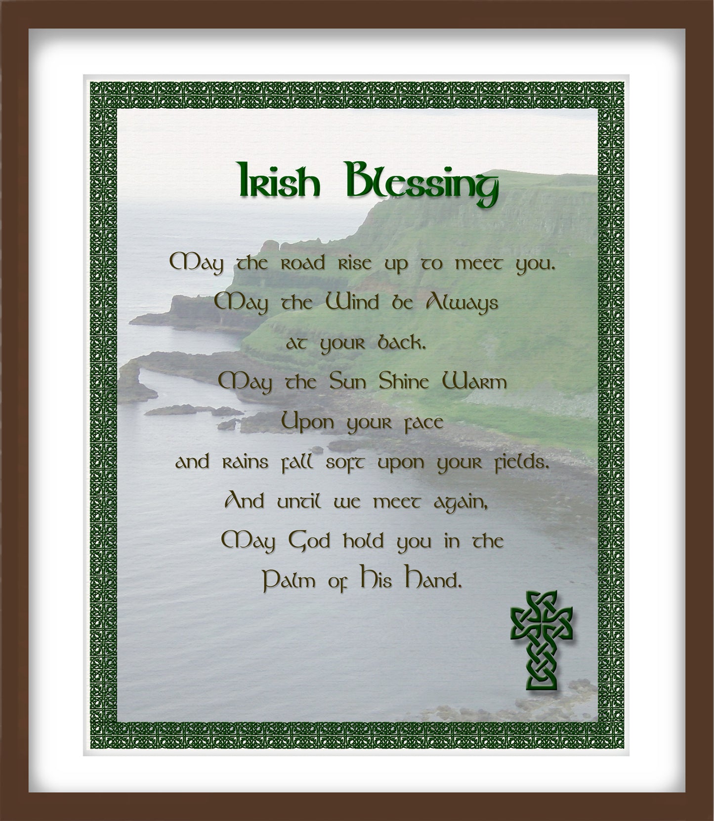 Irish blessing text with a scenic background and Celtic cross design on a framed print.