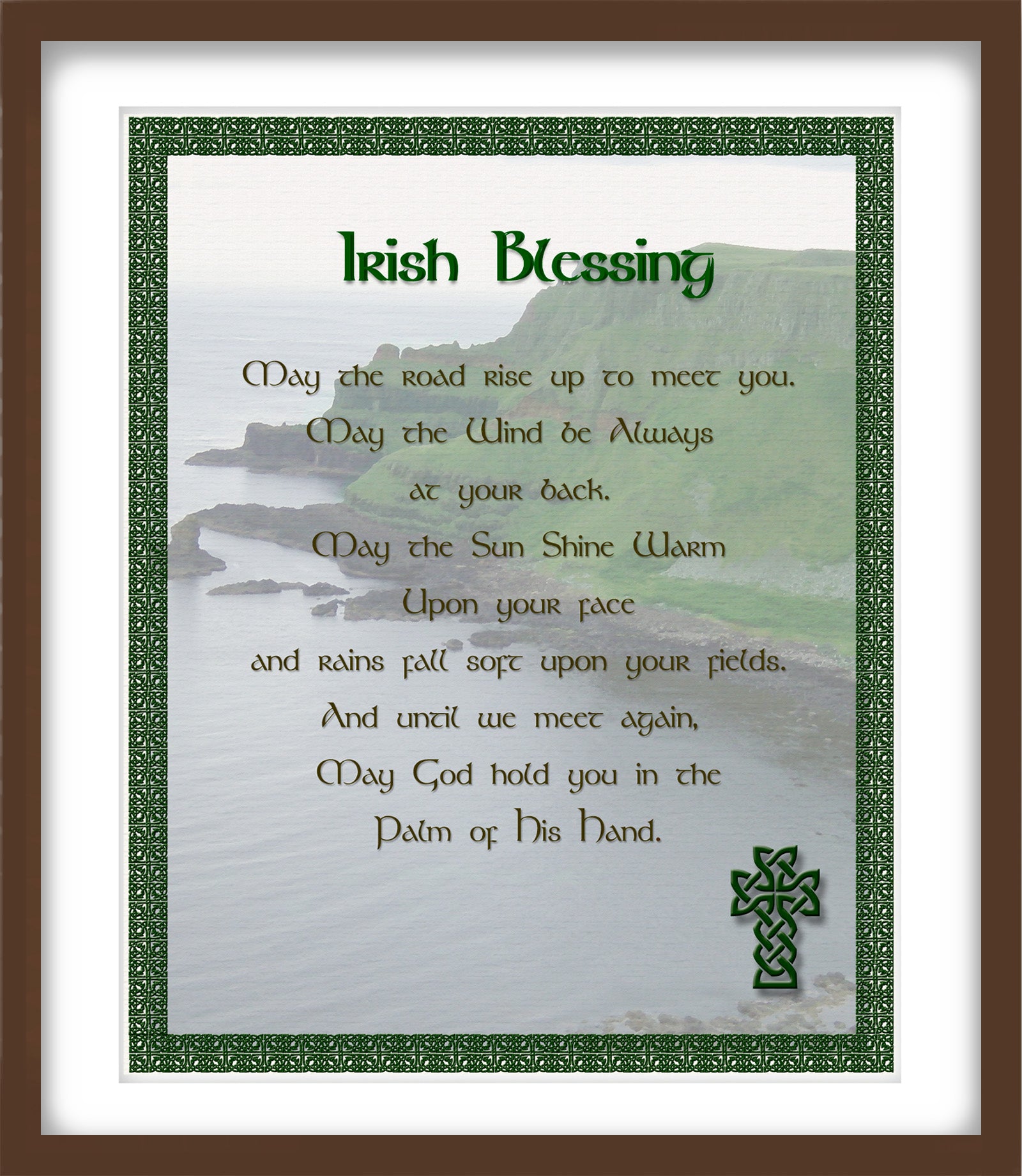 Irish blessing text with a scenic background and Celtic cross design on a framed print.