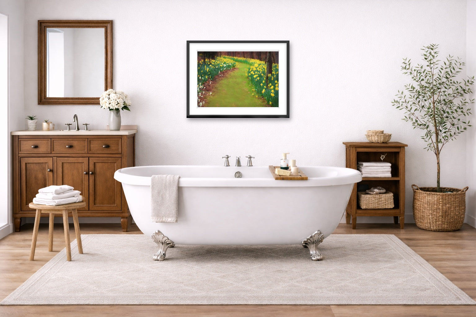 A black framed image hanging on a bathroom wall with a freestanding bathtub, wooden cabinet, and decorative elements. a 