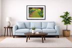 Black framed art hanging in a Living room with a light blue sofa, wooden coffee table, and framed artwork on the wall.