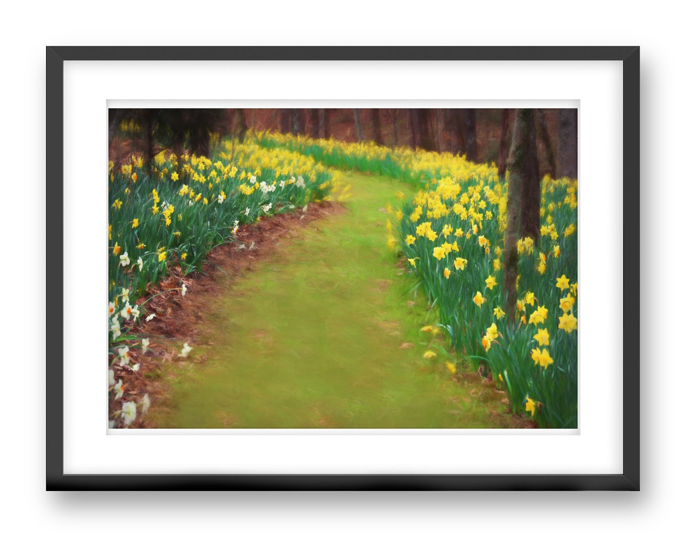 Black framed artwork of a garden path with yellow flowers and trees.