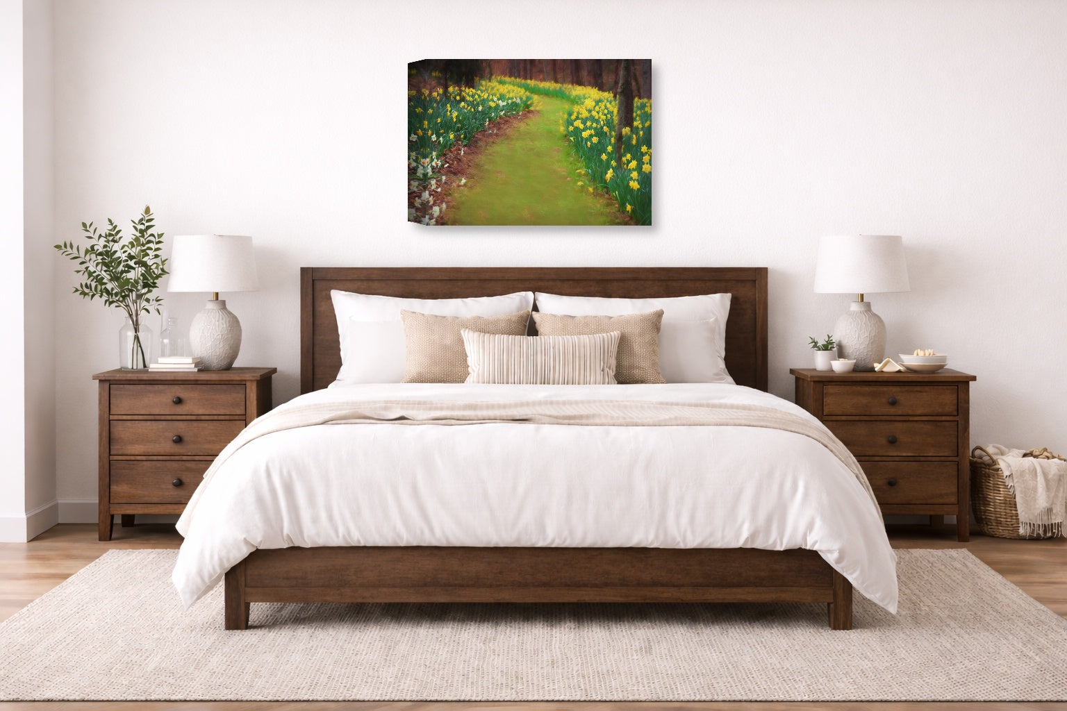 Canvas Print hanging in a Bedroom with wooden bed, white bedding, and a painting of a garden path on the wall.