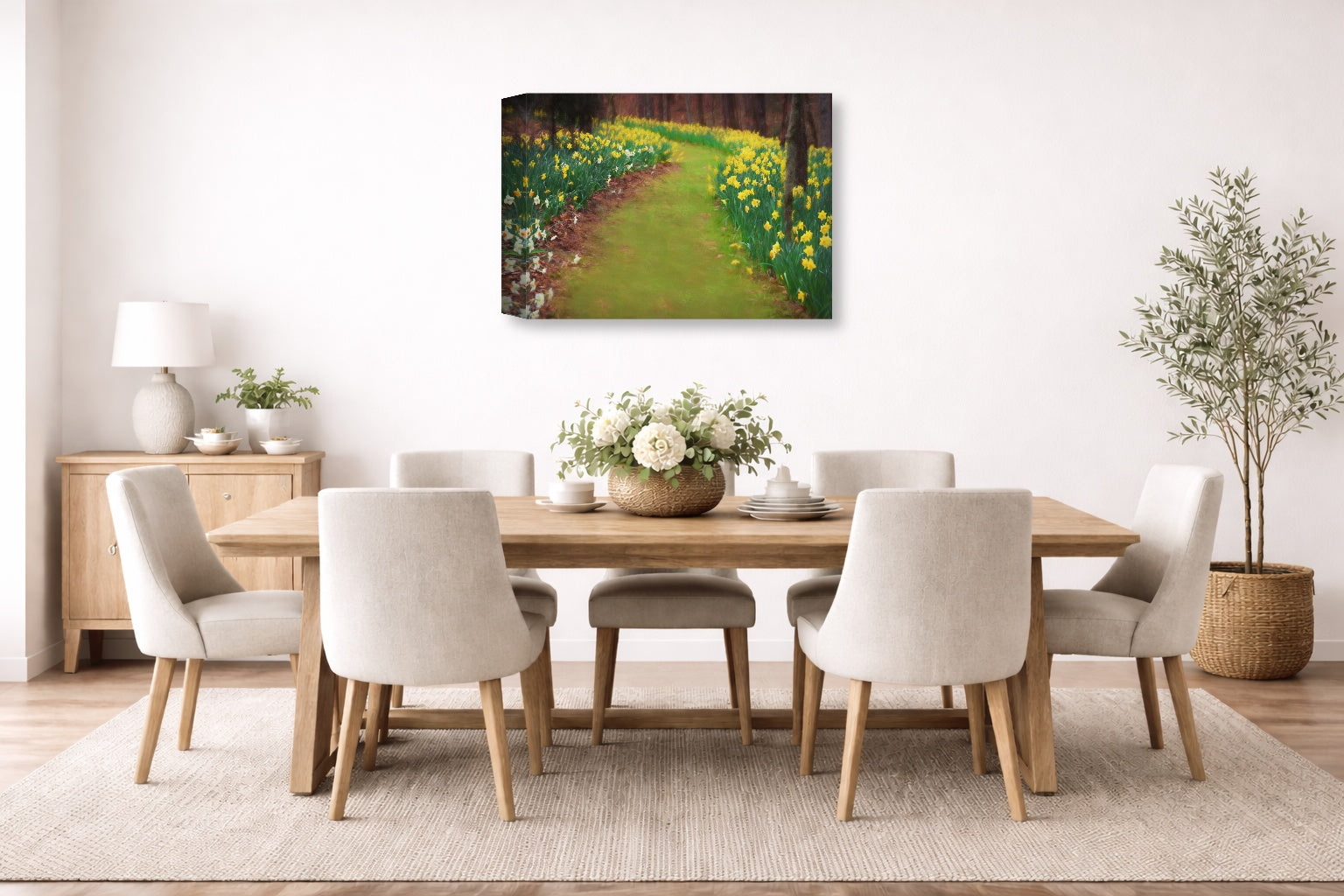 Canvas Wrap hanging in a dining room with a wooden table and chairs, a landscape painting on the wall, and decorative elements.