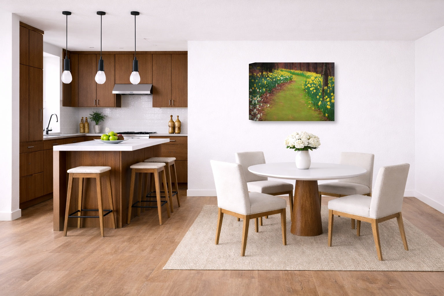 Canvas print hanging in a modern kitchen and dining area with wooden floors and white walls.