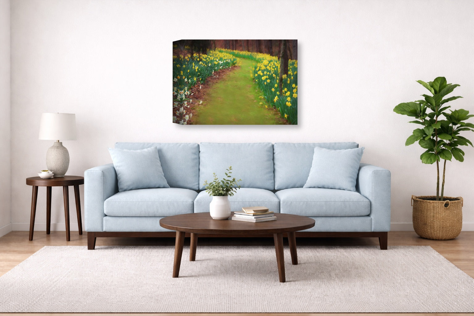 Living room with light blue sofa, wooden coffee table, and decorative painting on the wall.