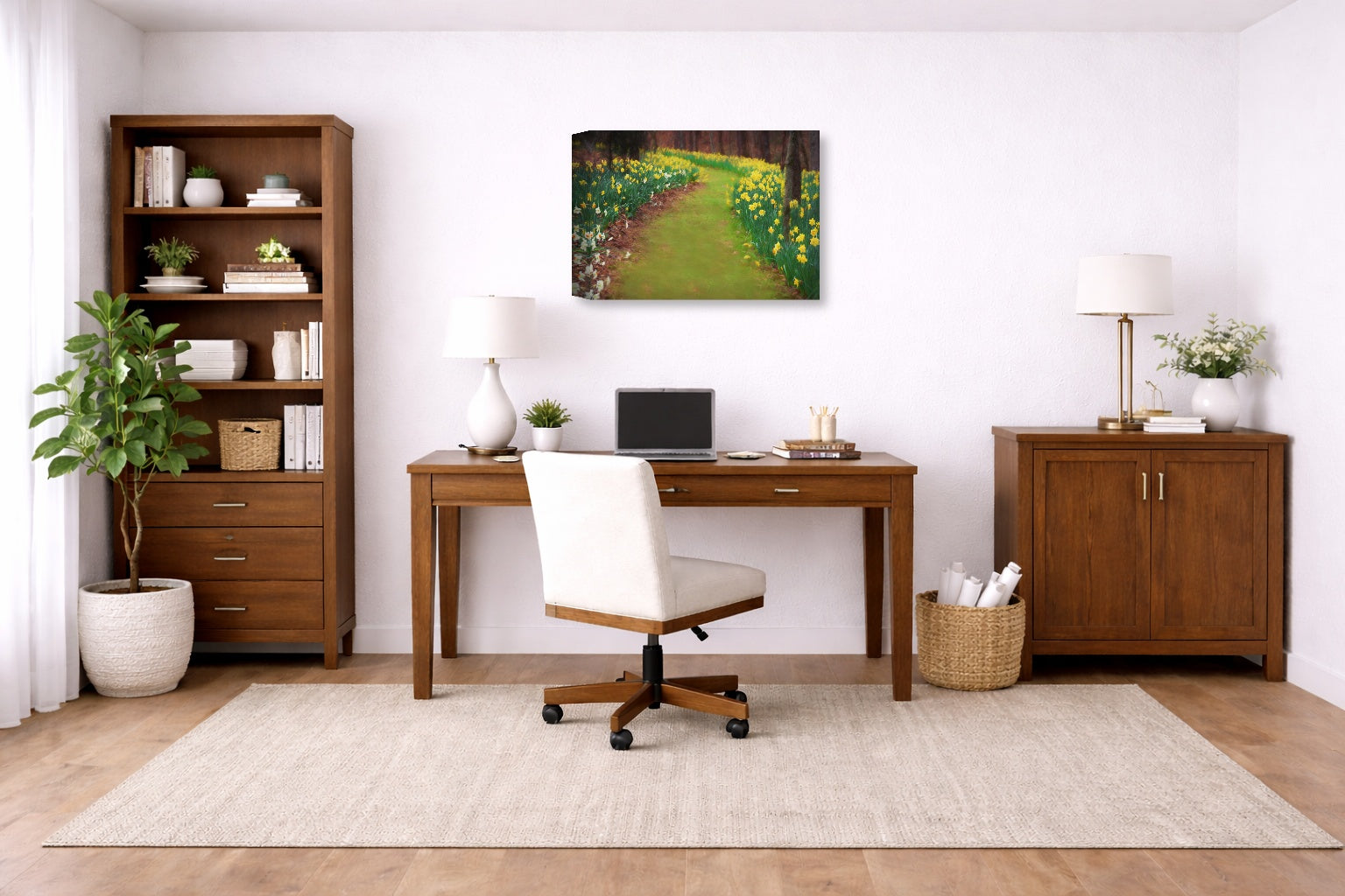 Canvas Print hanging in a Home office with wooden furniture, desk, chair, and decorative items.