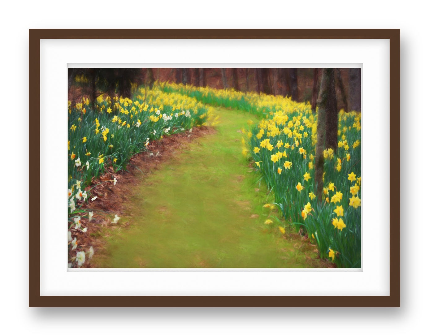 Espresso colored framed wall art of a garden path with yellow flowers and a tree.