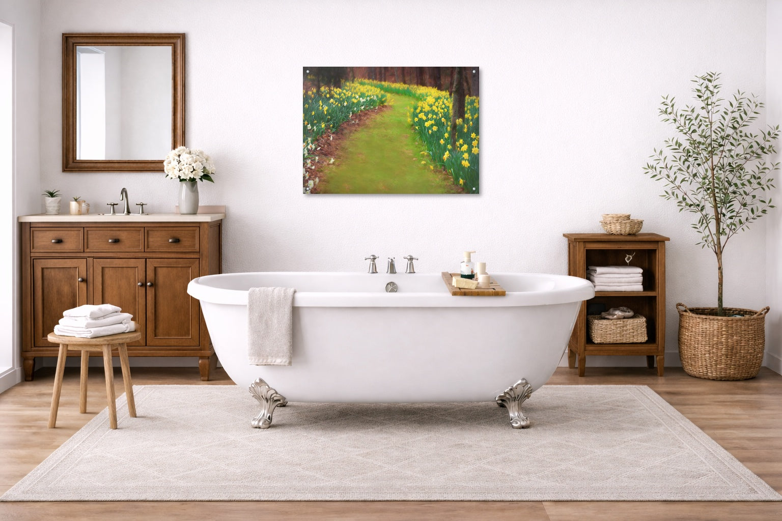 Metal painting of a garden path hanging on a bathroom with a freestanding bathtub, wooden vanity, and decorative elements.