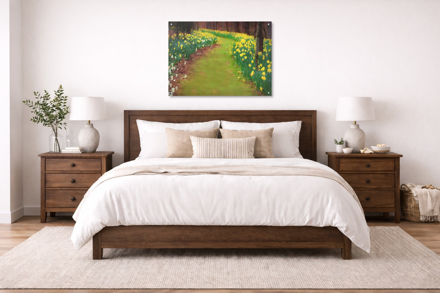 Metal painting of a garden path hanging in a bedroom with a wooden bed, white bedding. 