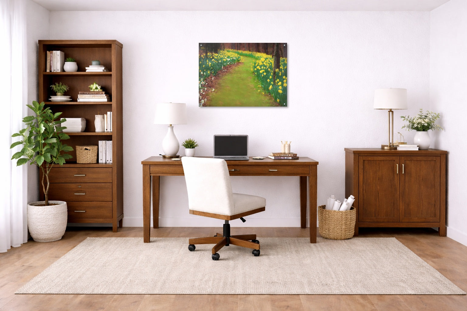 Metal painting of a garden path hanging in a home office with wooden furniture, desk, chair, and decorative elements.