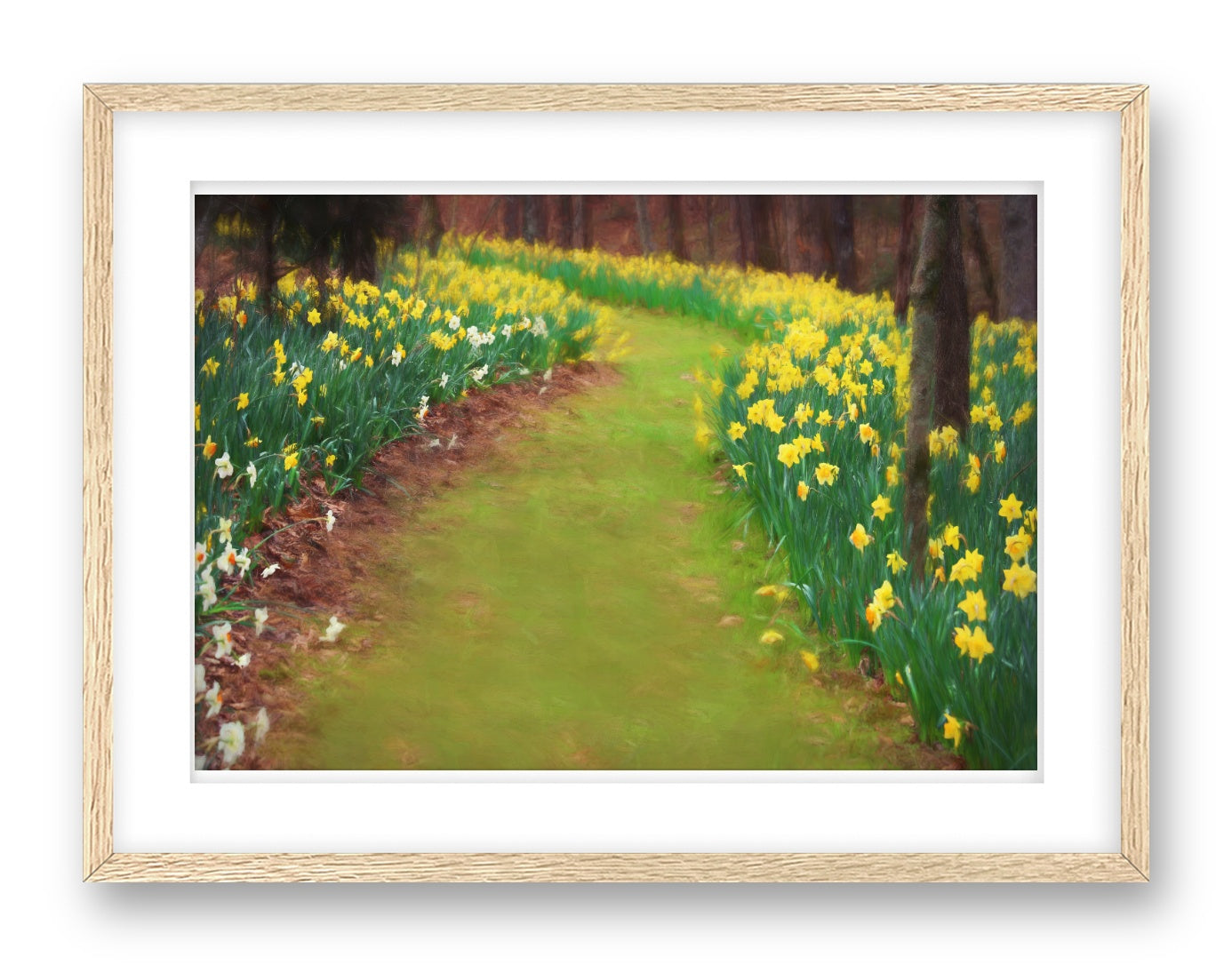 Oak framed artwork of a garden path with yellow flowers and a tree.