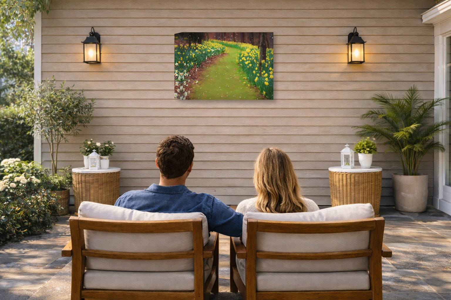 A couple sitting on a patio with outdoor furniture, facing a wall with a scenic painting.