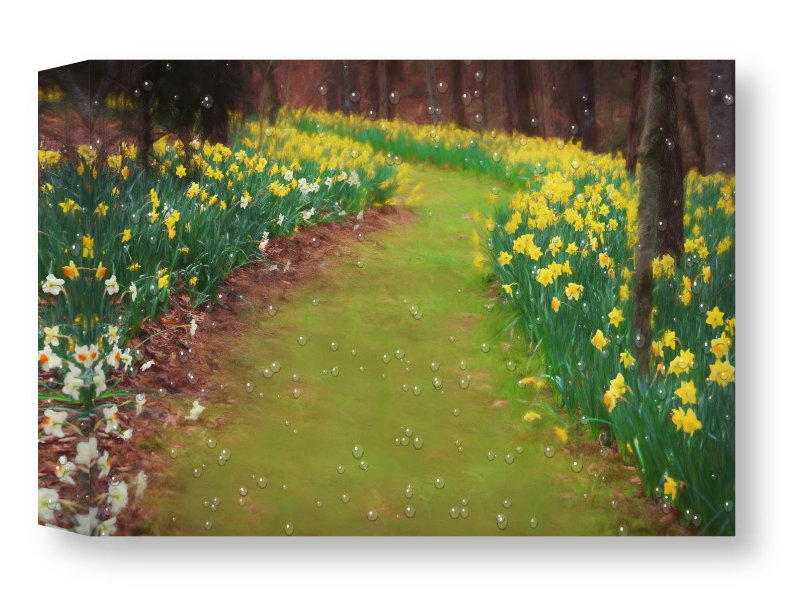Outdoor Canvas - Painting of a path flanked by yellow flowers in a forest setting