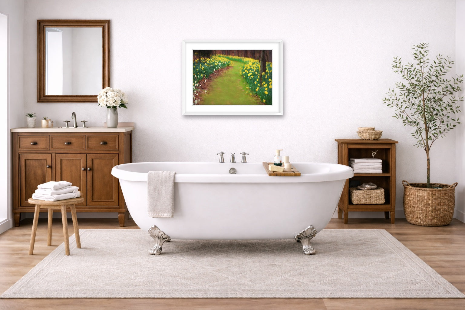 A white-framed wall art image in a bathroom with a freestanding bathtub, wooden cabinet, and decorative elements.
