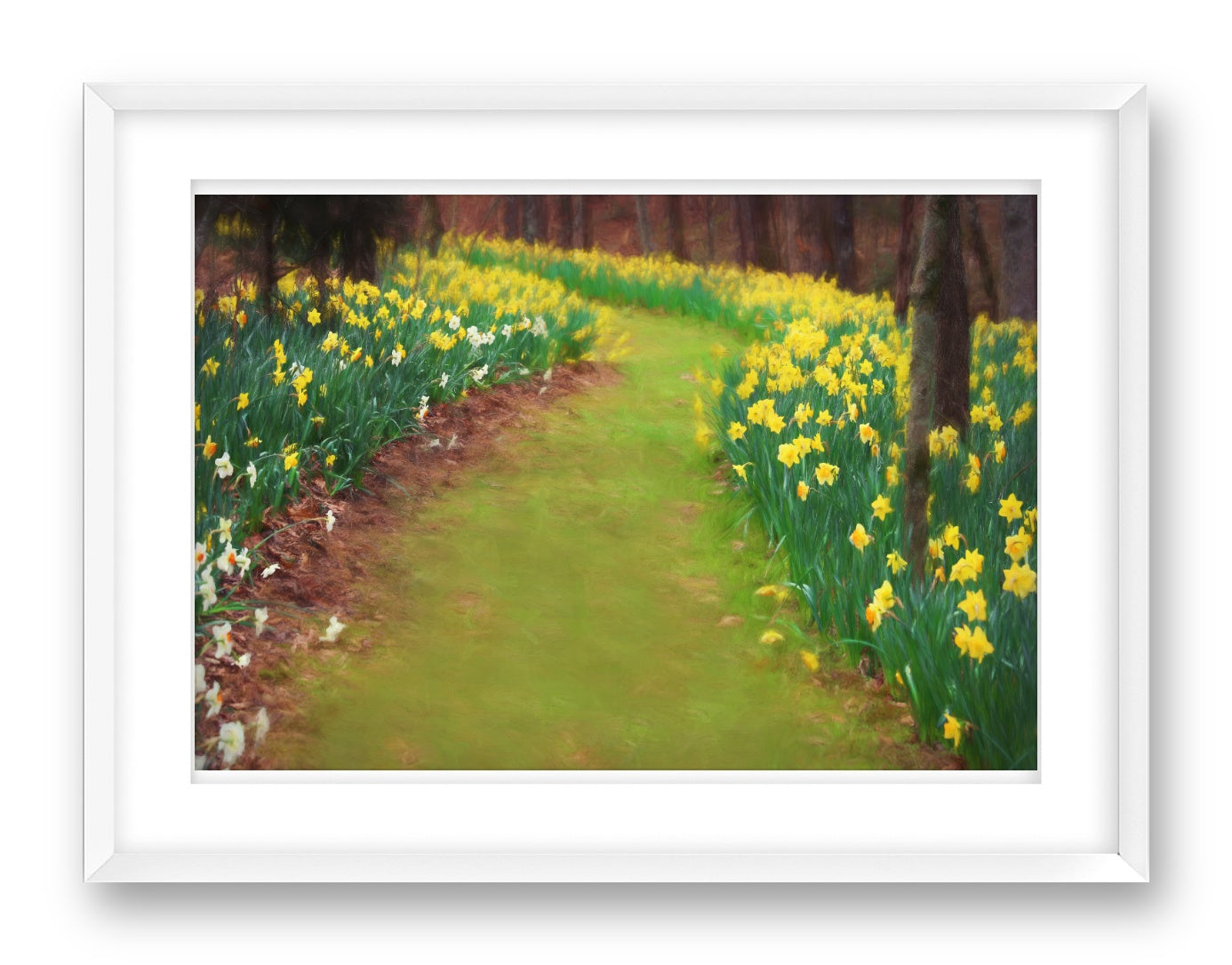 White framed artwork of a garden path with yellow flowers and trees.