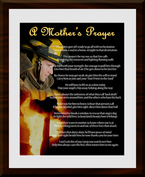 Framed print with a firefighter image and 'A Mother's Prayer' text on a white background.