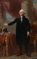 Portrait of George Washington in formal attire, standing in an ornate room with draped curtains.