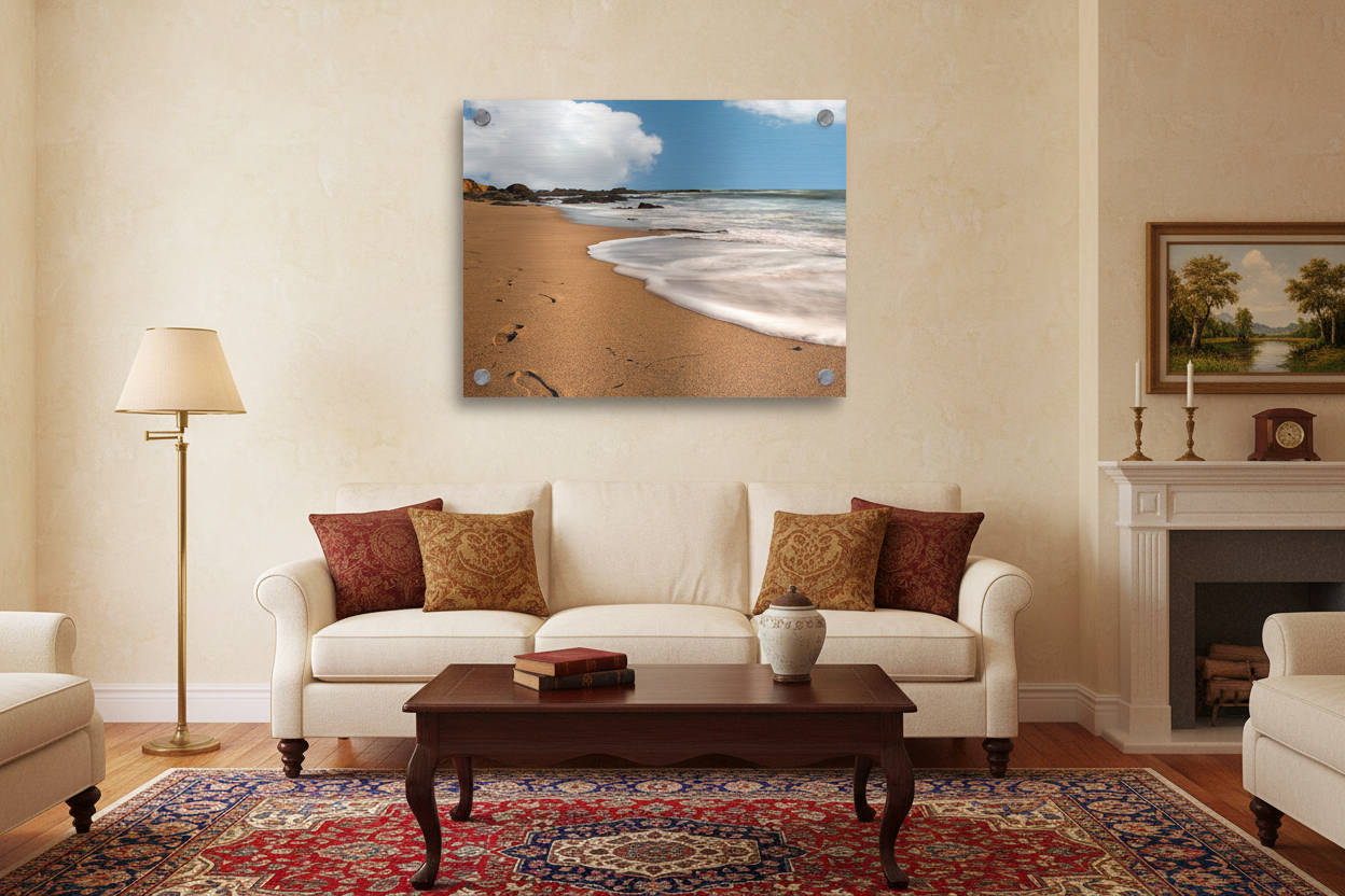 Footprints in the Sand Metal Print with Standoffs Above Couch