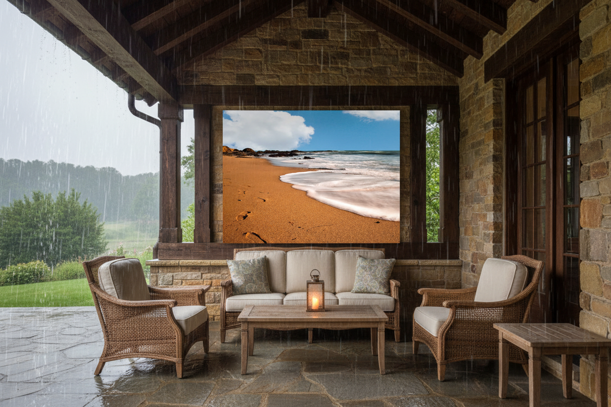 Footprints in the Sand on Patio Wall in Rain