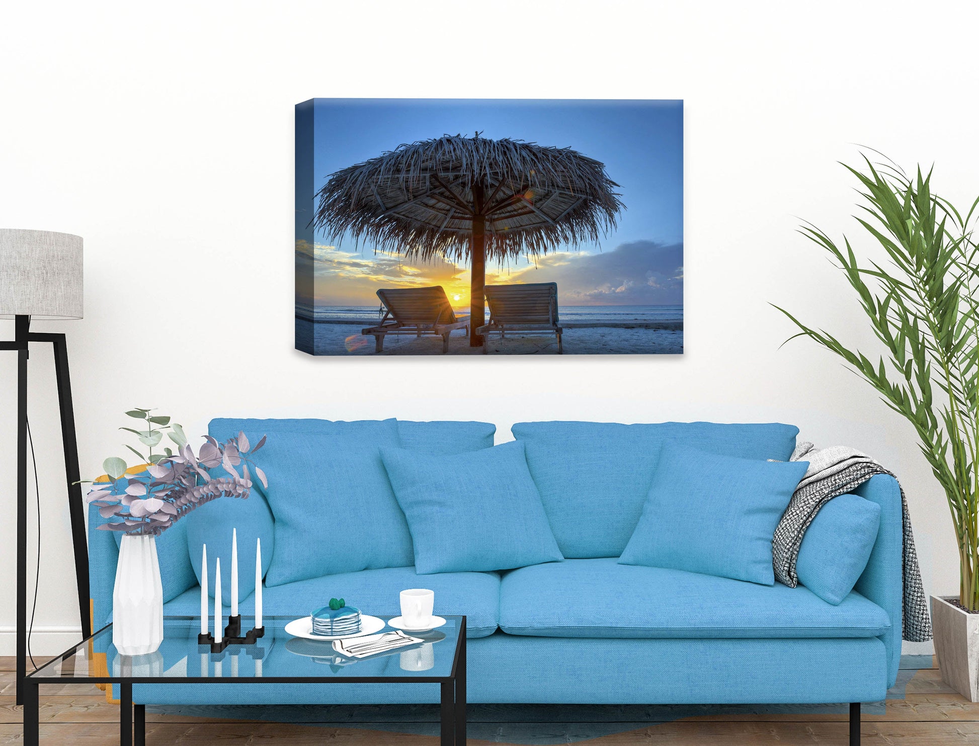 View at Sunset-Canvas Wrap on Living Room Wall - Blue Sofa