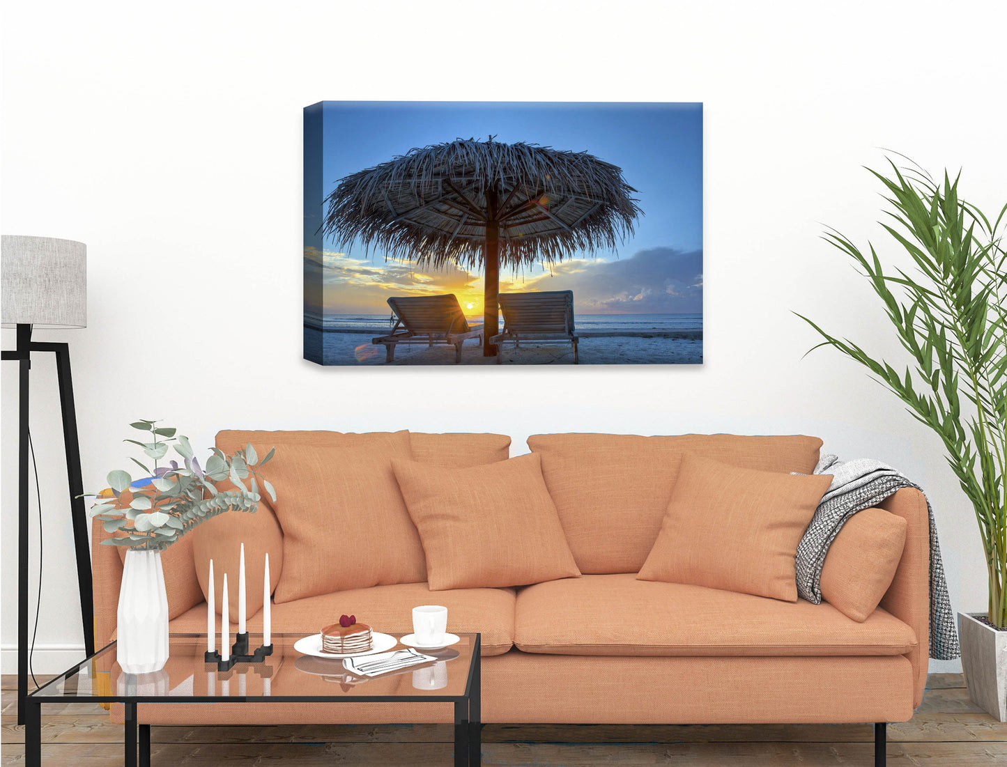 View at Sunset-Canvas Wrap on Living Room Wall - Beige Sofa