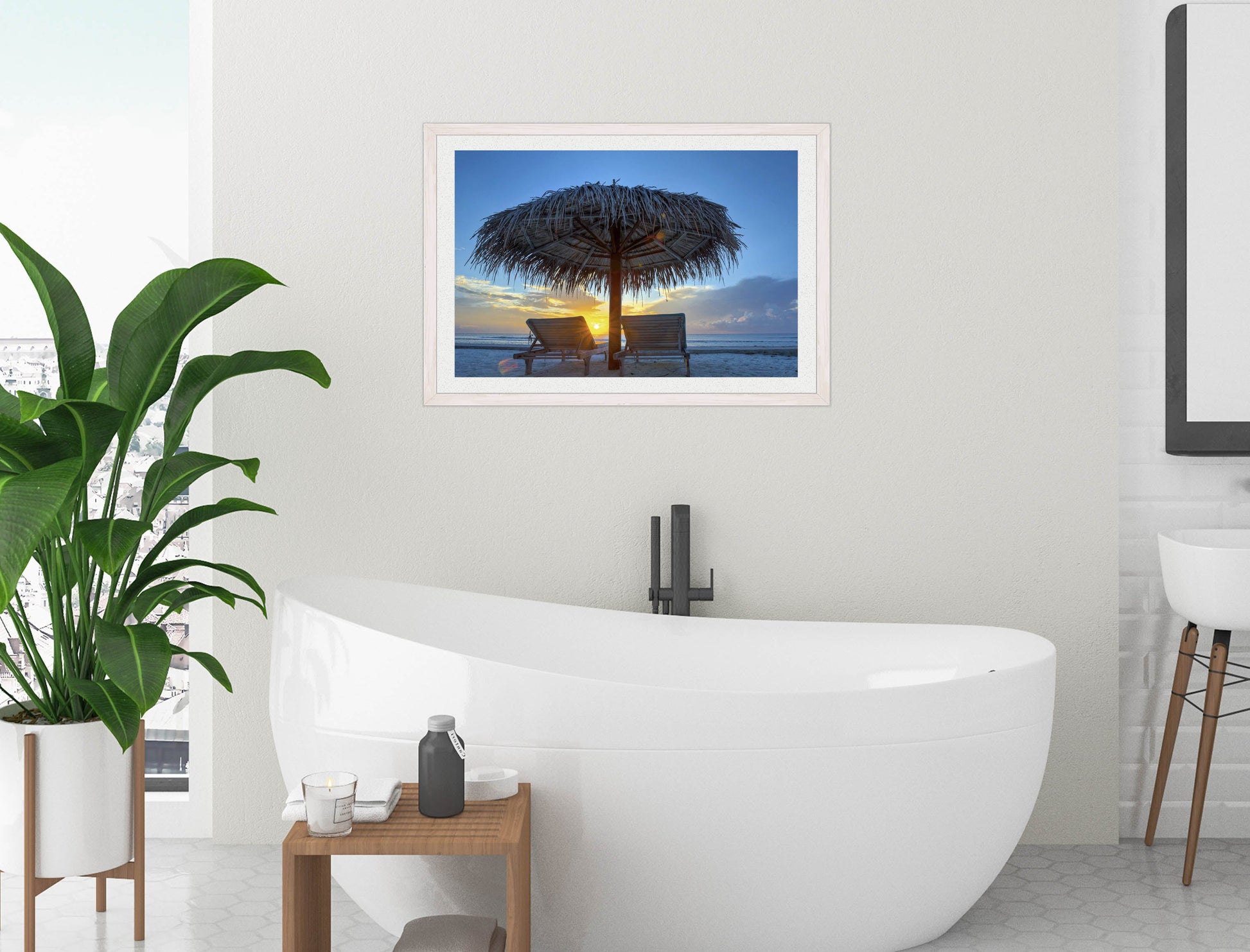 View at Sunset-Framed Photo - White Frame on Bathroom Wall