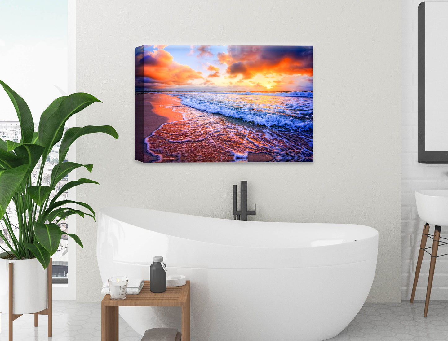 Ocean Sunset on the Beach -Canvas Wrap on Bathroom Wall