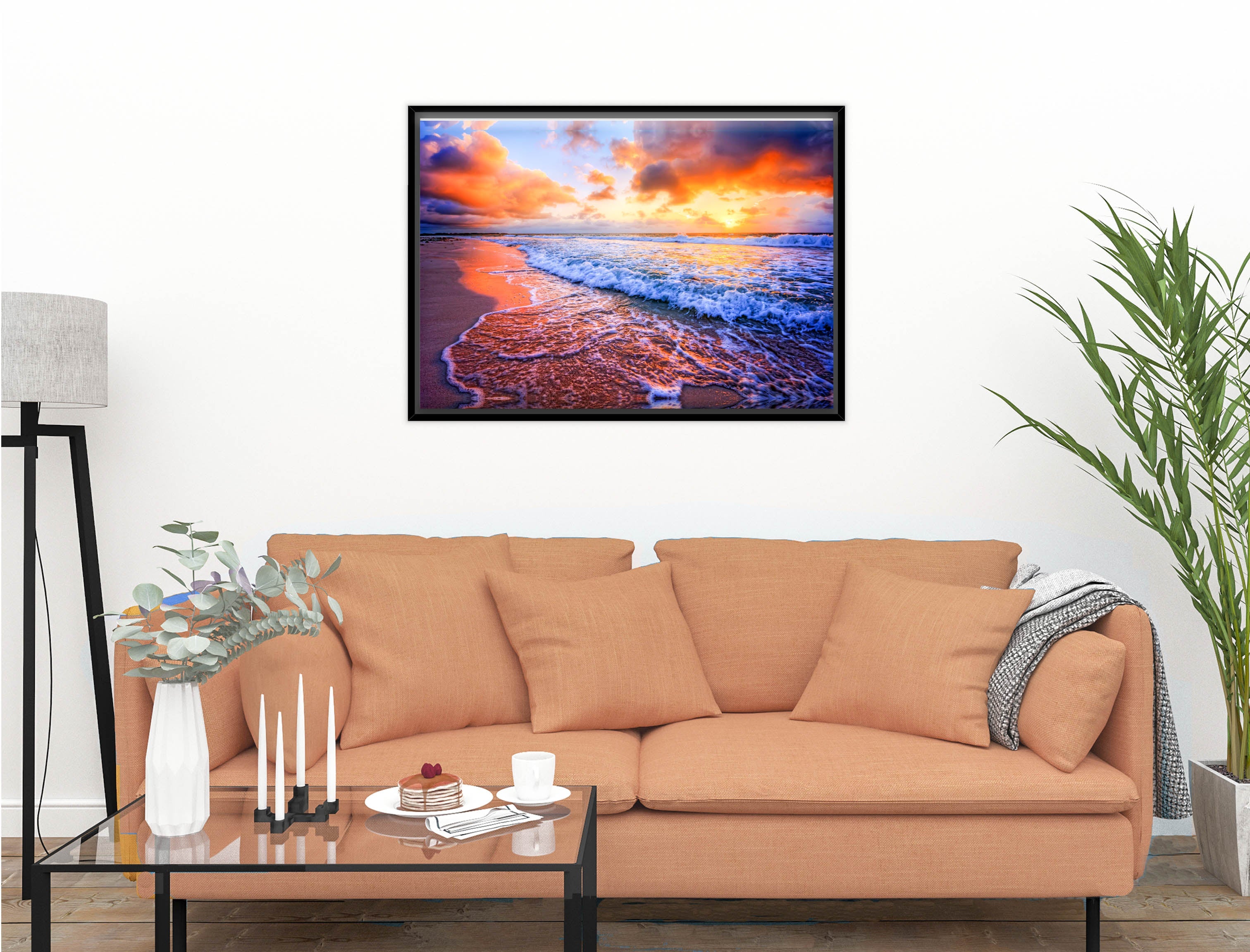 Ocean Sunset on the Beach -Canvas Wrap - Black Frame on Living Room Wall-1