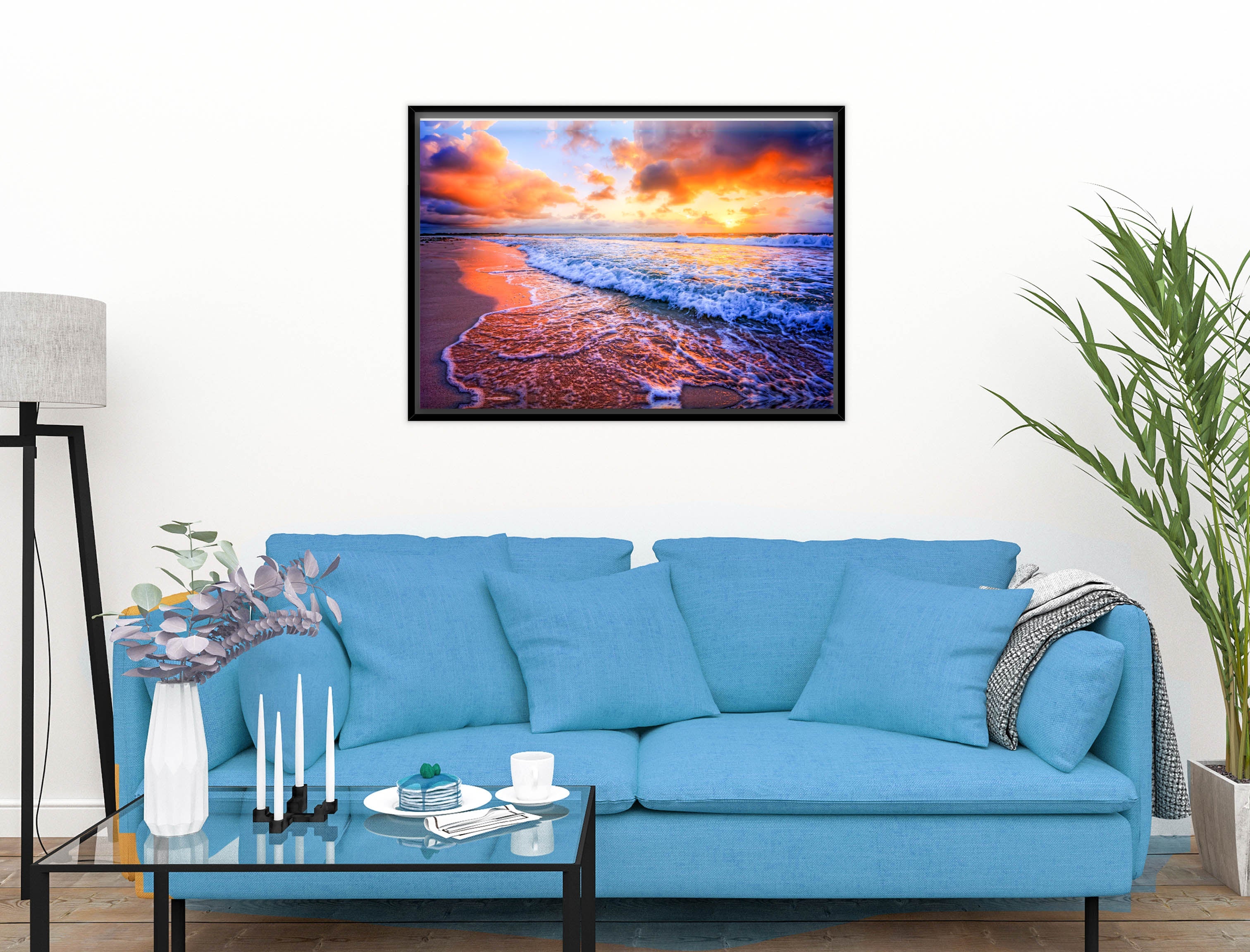 Ocean Sunset on the Beach -Canvas Wrap - Black Frame on Living Room Wall-2