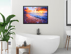 Ocean Sunset on the Beach -Canvas Wrap - Black Frame on Bathroom Wall