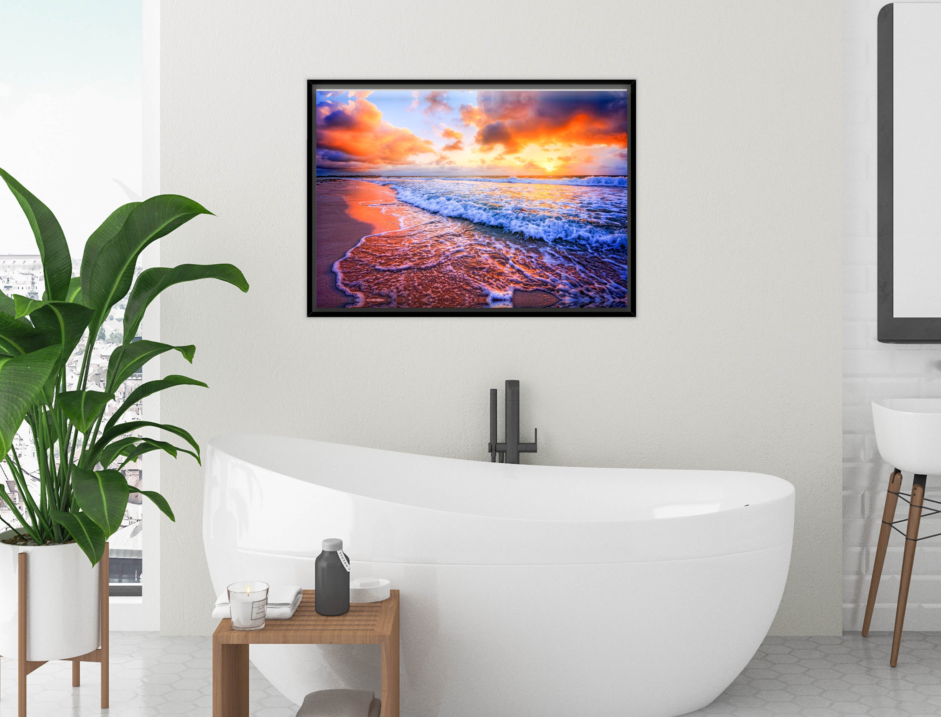 Ocean Sunset on the Beach -Canvas Wrap - Black Frame on Bathroom Wall