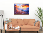 Ocean Sunset on the Beach -Canvas Wrap - Mahogany Frame on Living Room Wall-1